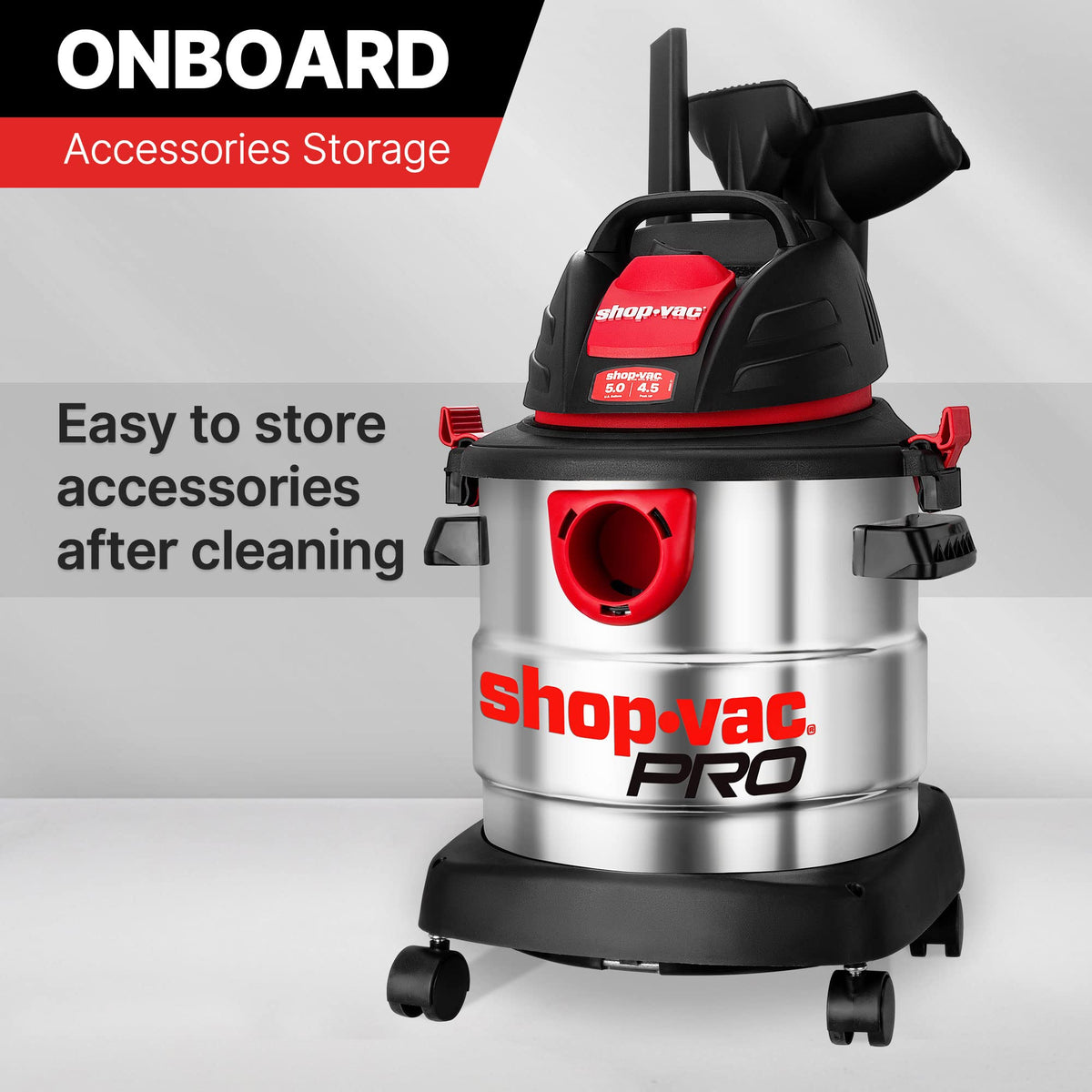 Shop-Vac caster system for easy mobility around workspace and home