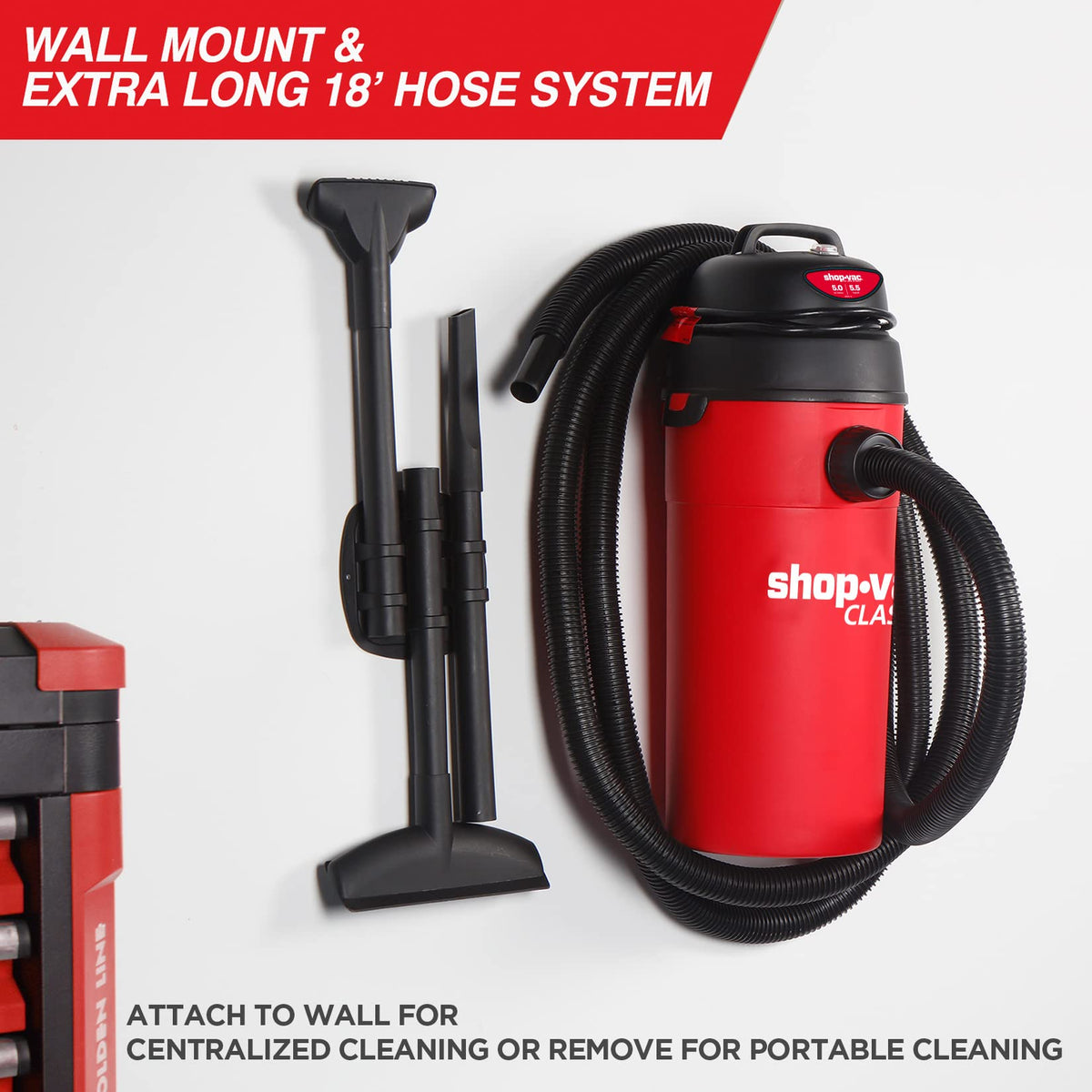 Shop-Vac 7ft hose reaches tight spots with flexibility.