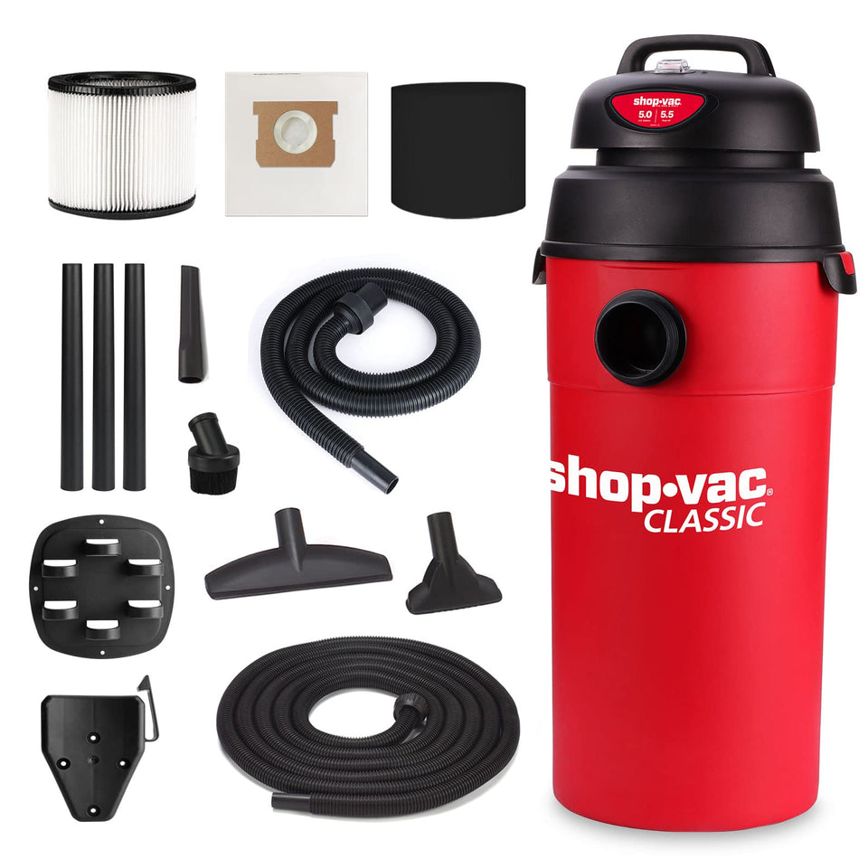 Shop-Vac 5 Gallon wall-mounted vacuum for quick, clutter-free storage.