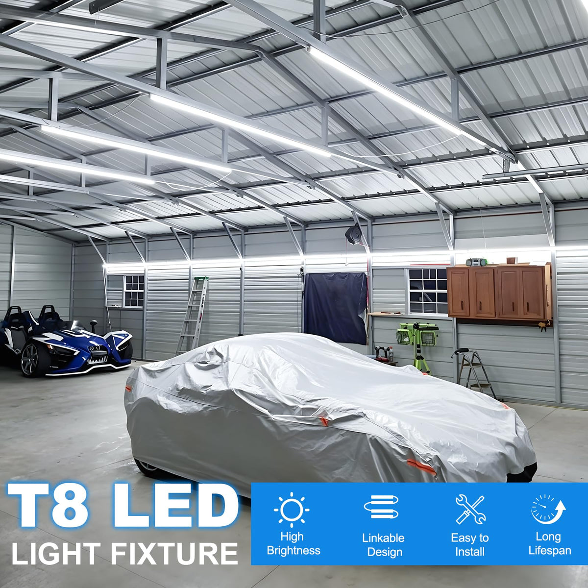 ShopLED 6ft LED shop light with connector for seamless linking.