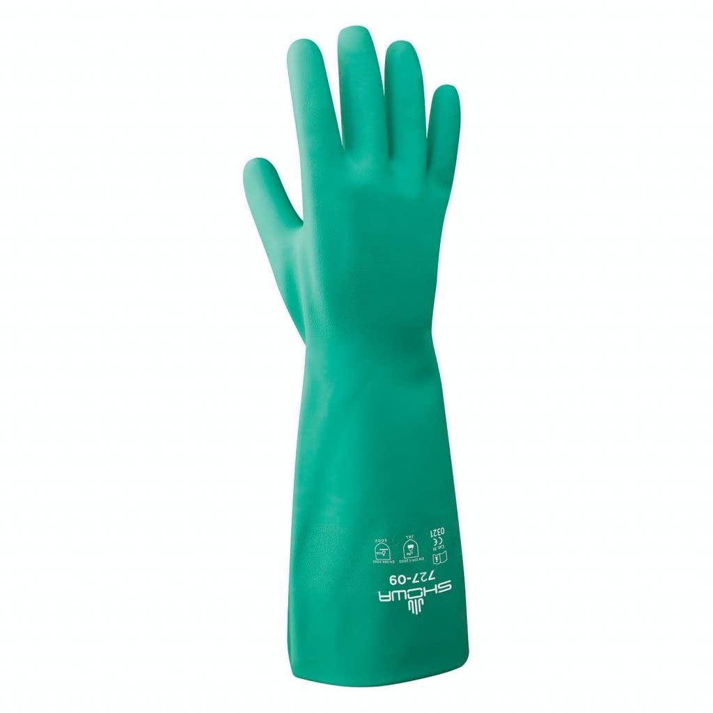 SHOWA 727 chemical-resistant glove with 15-mil nitrile for harsh solvents and oils.