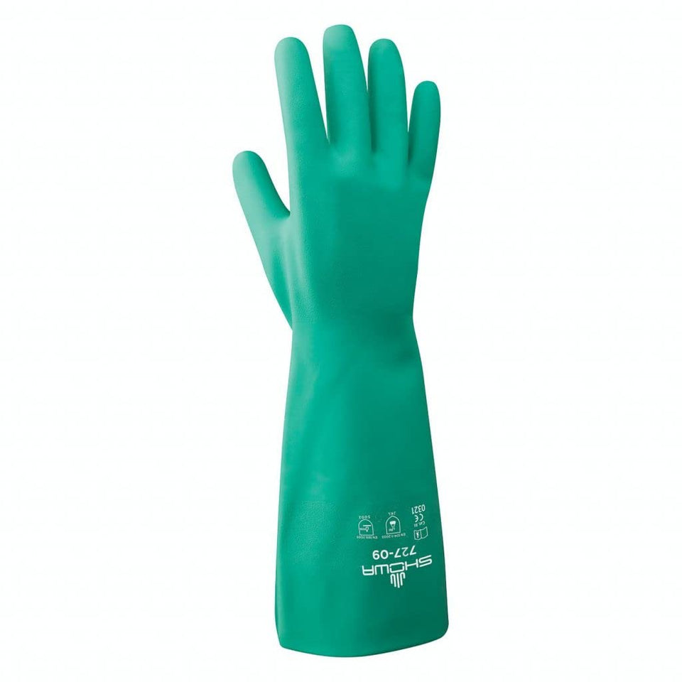 SHOWA 727 chemical-resistant glove with 15-mil nitrile for harsh solvents and oils.