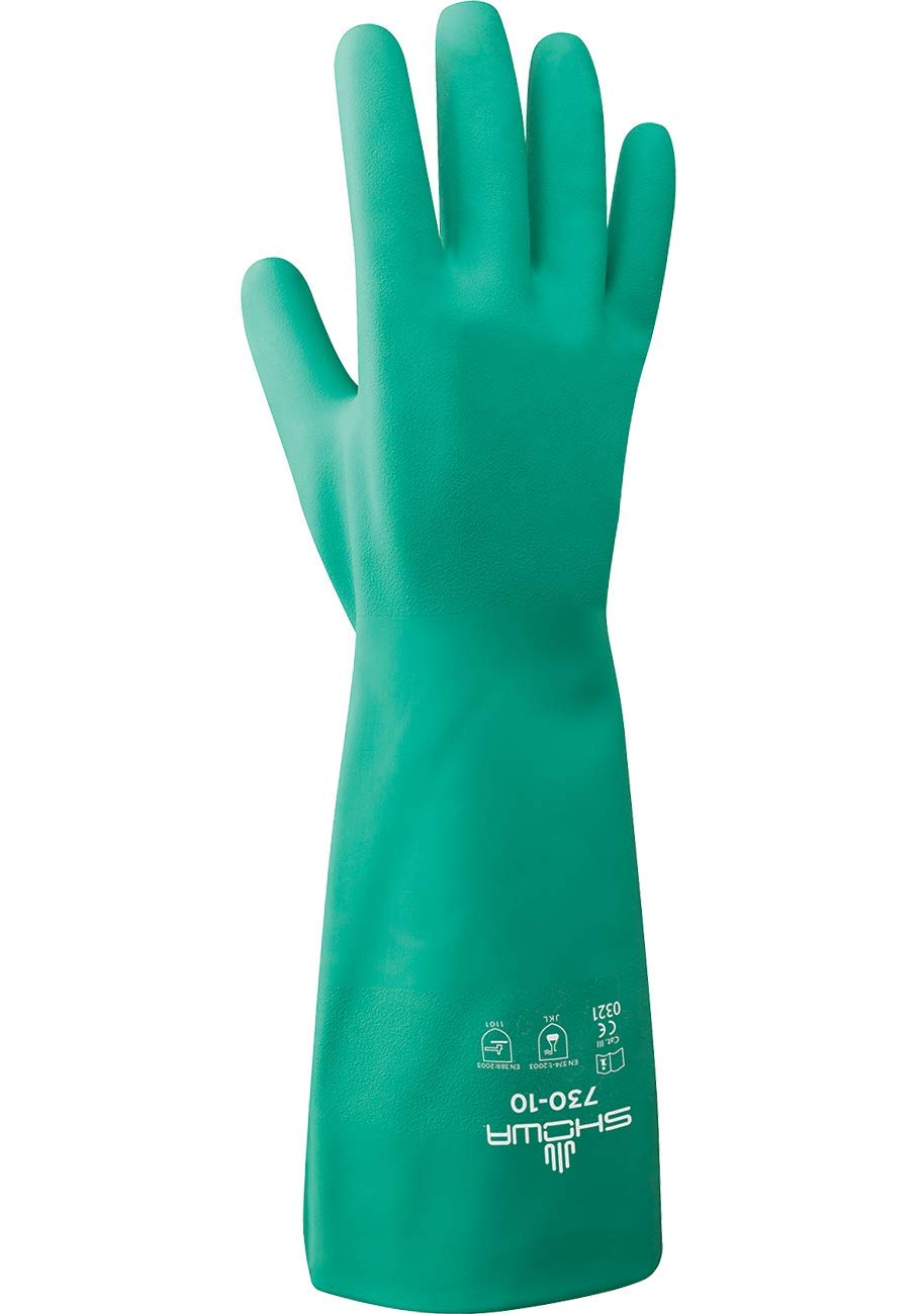 Showa 730 chemical gloves with 15-mil nitrile for tough solvent protection.