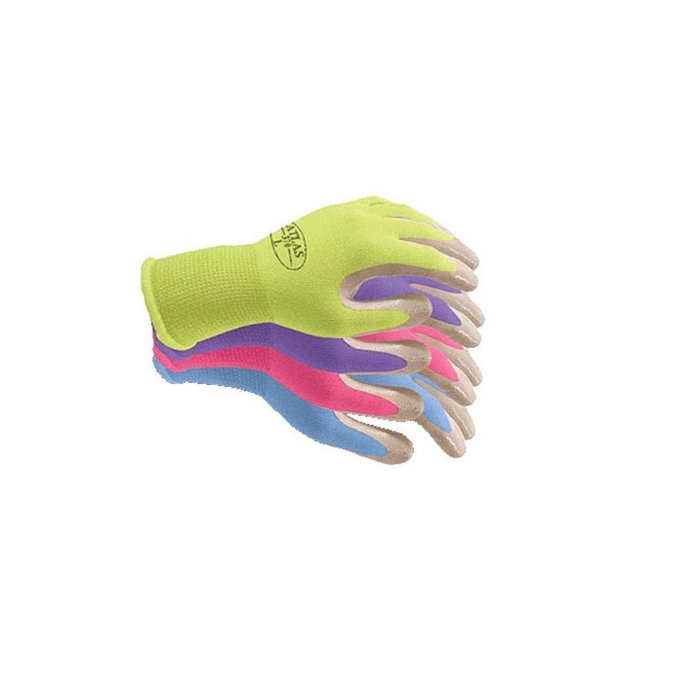 Showa Atlas 370 nitrile grip-coated glove with assorted colors, ideal for precise handling and gardening.