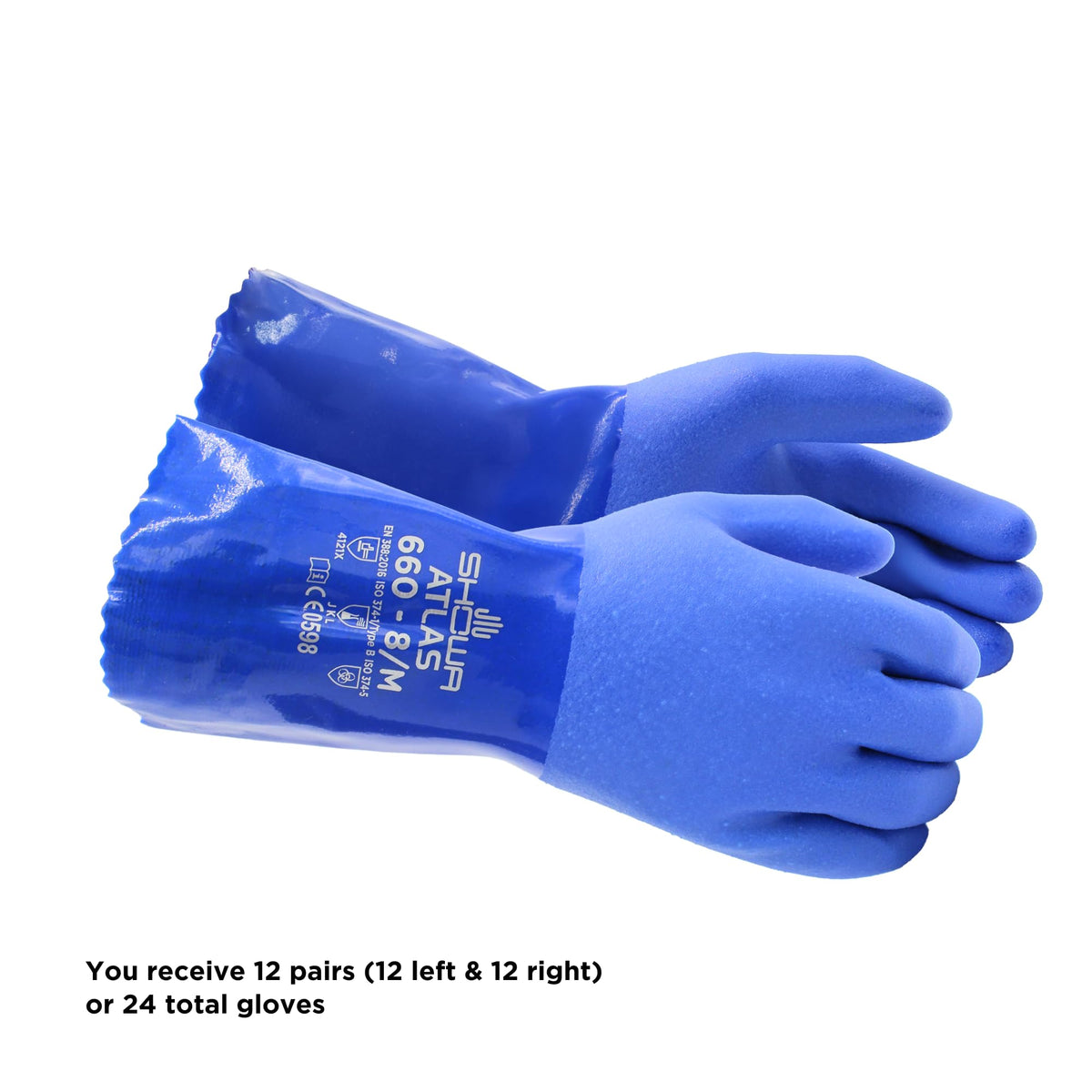 Showa Atlas 660 gloves feature a 12-inch gauntlet for wrist protection.