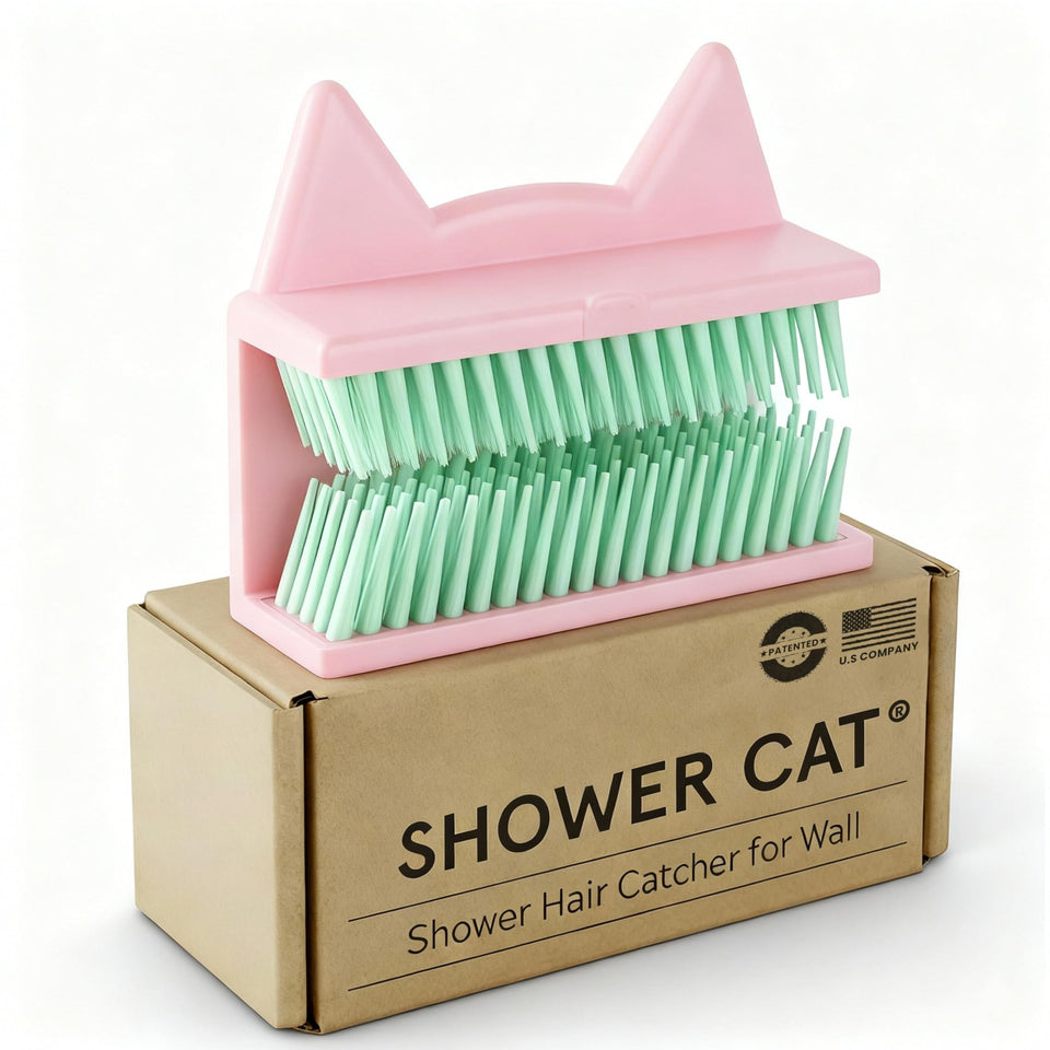 Shower Cat hair catcher on wall in pink traps loose hairs during shower
