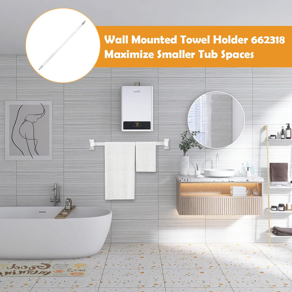 Showingo towel bar compatible with ceramic holder posts for easy upgrade.