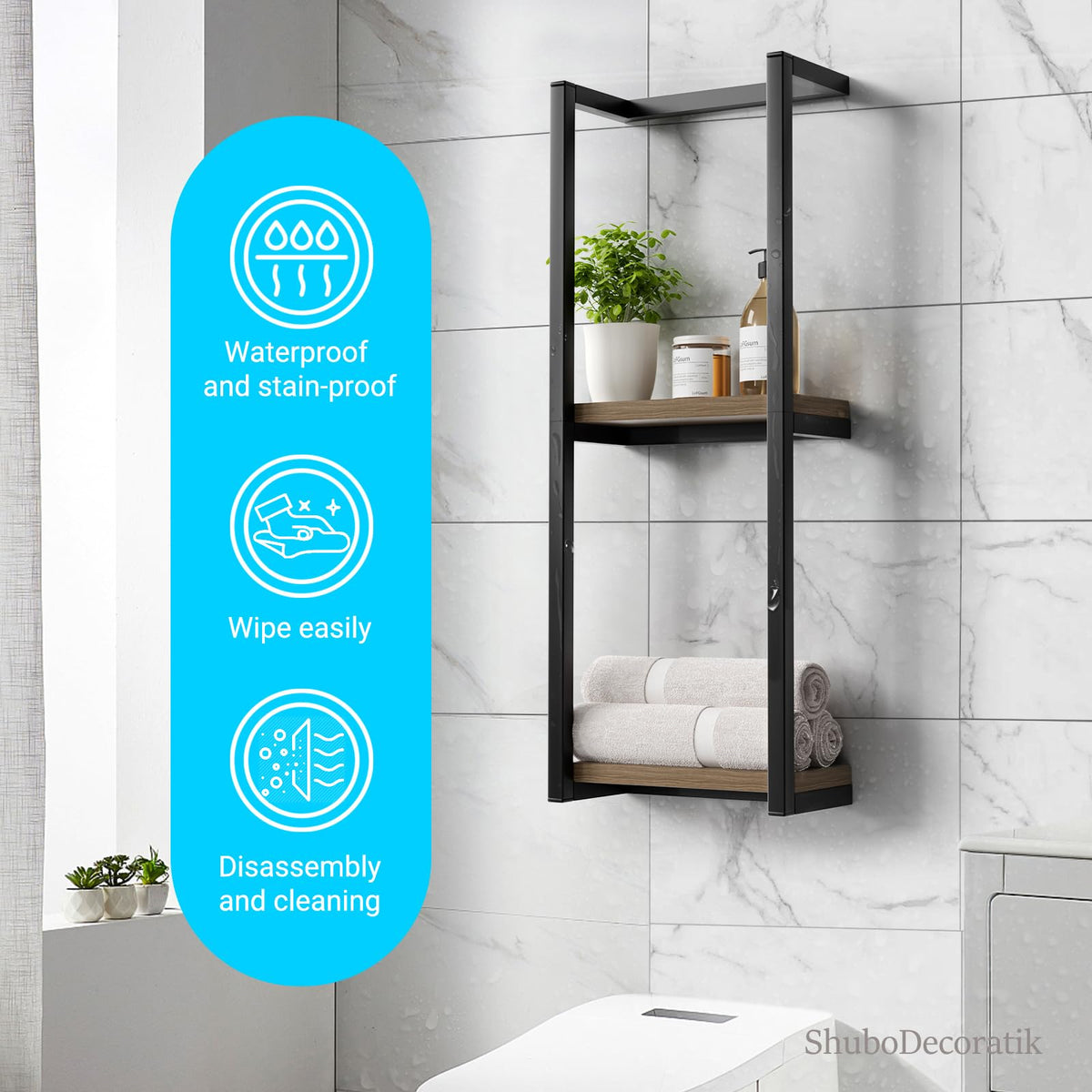 ShuboDecoratik two-tier wall-mount towel rack keeps towels organized and within reach.