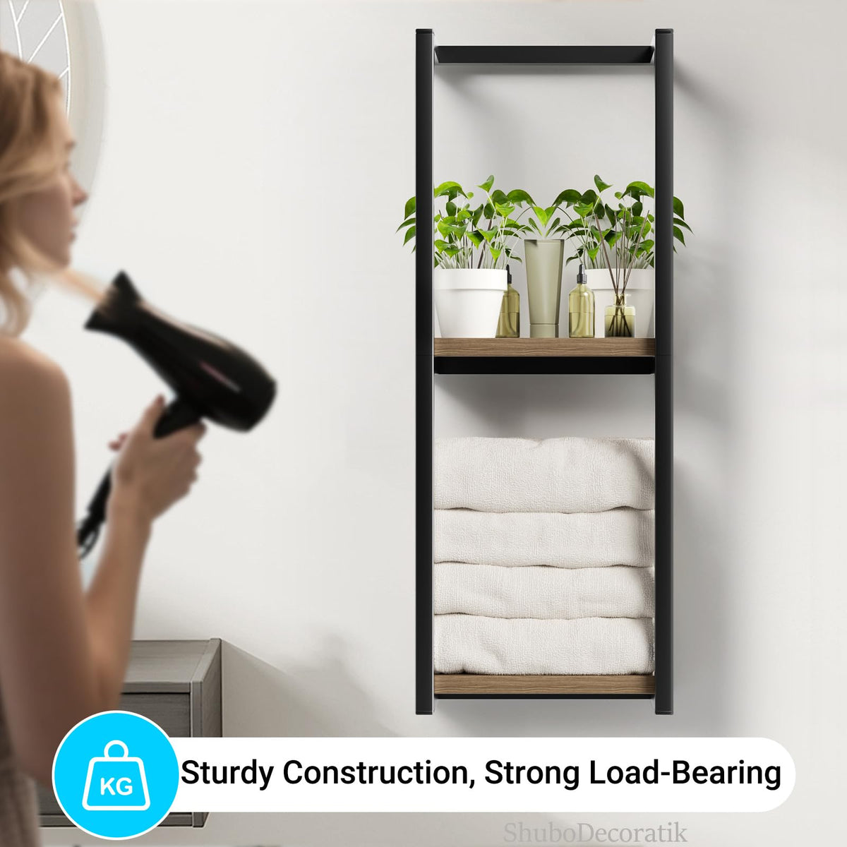 ShuboDecoratik towel rack doubles as bathroom decor shelf.