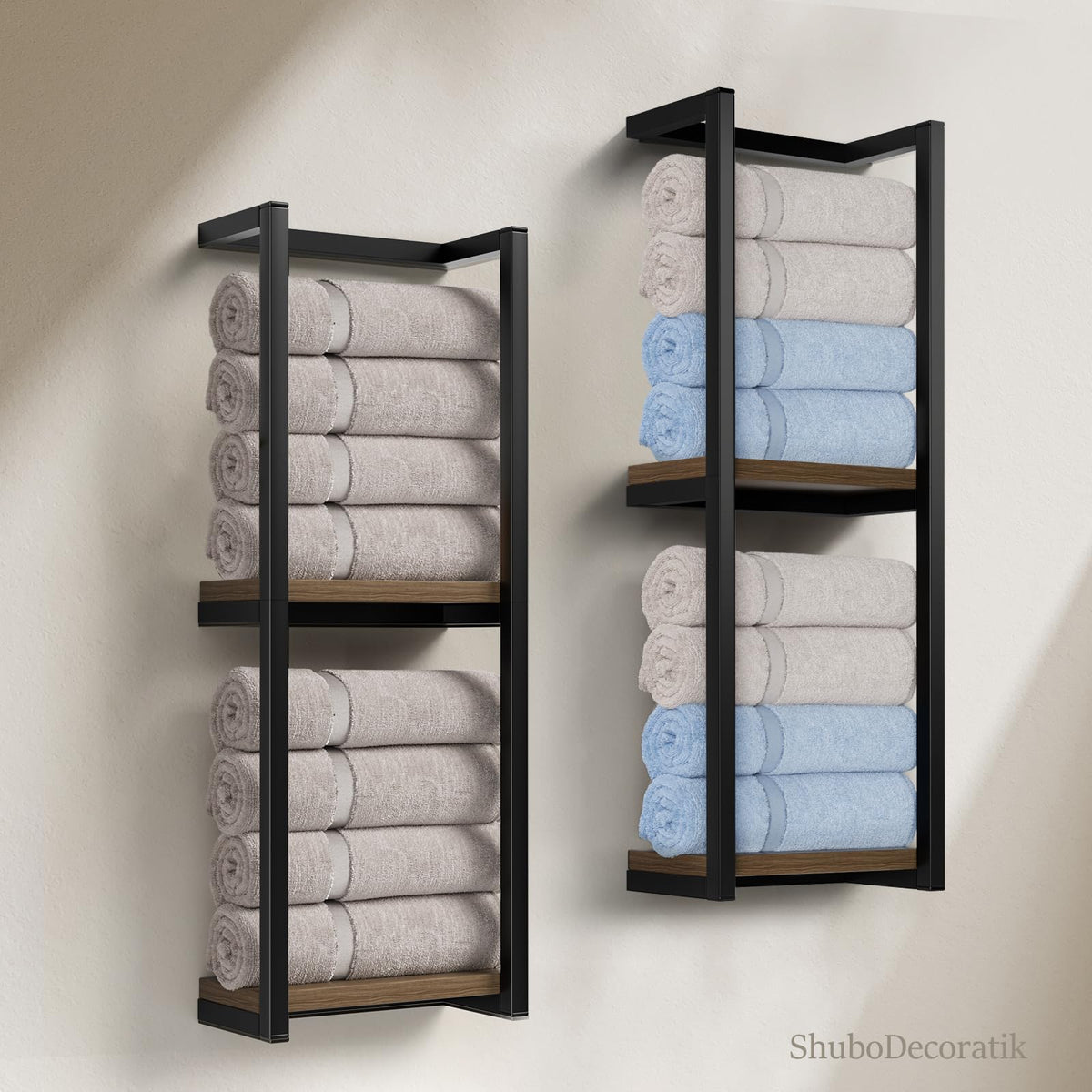 ShuboDecoratik wood towel rack features compartments that hold multiple towels.