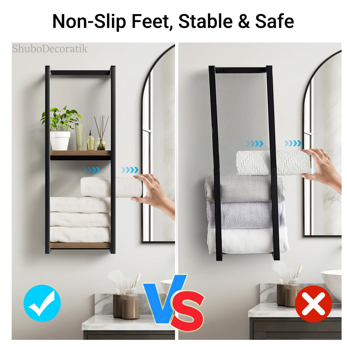 ShuboDecoratik towel rack holds up to six towels for organized storage.