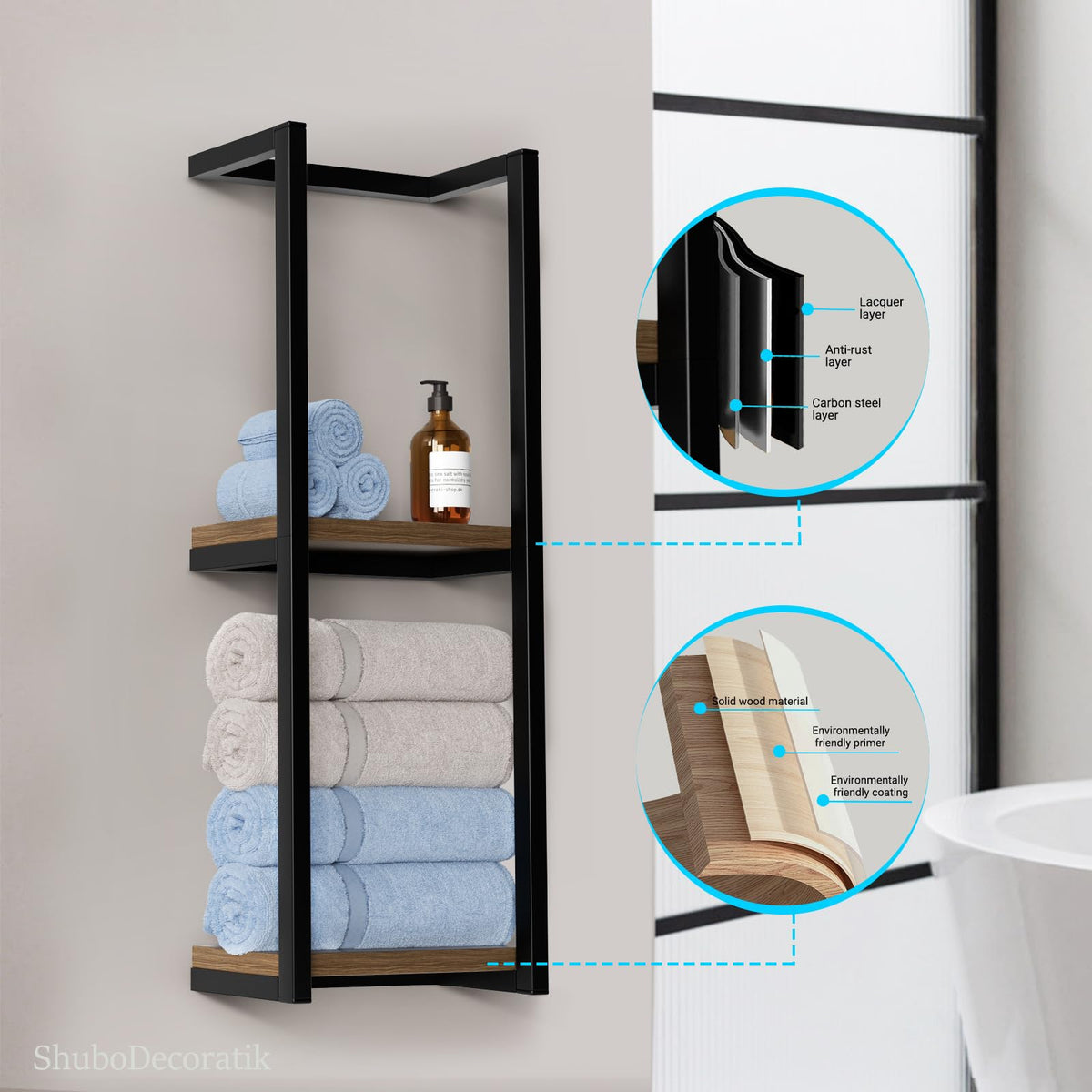 ShuboDecoratik towel rack in modern black finish complements contemporary bathrooms.