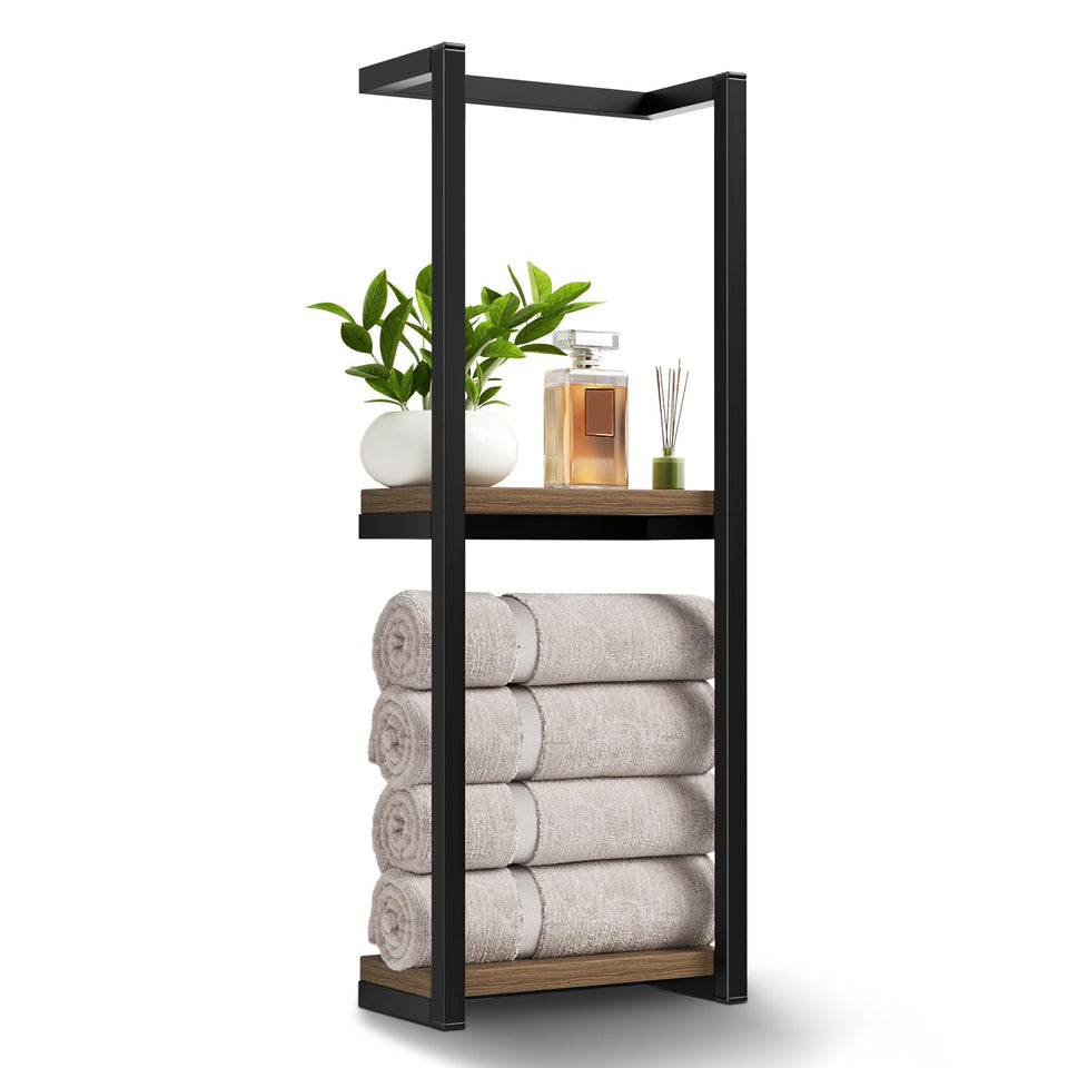 ShuboDecoratik towel rack with wood finish offers space-saving storage for bath towels.