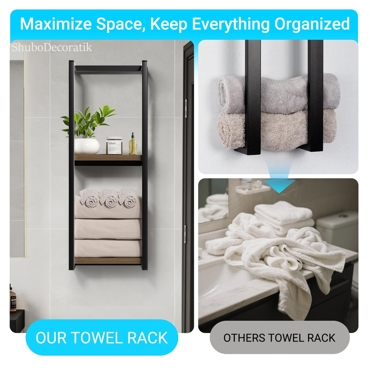 ShuboDecoratik wall rack keeps towels handy in bathroom or bedroom.