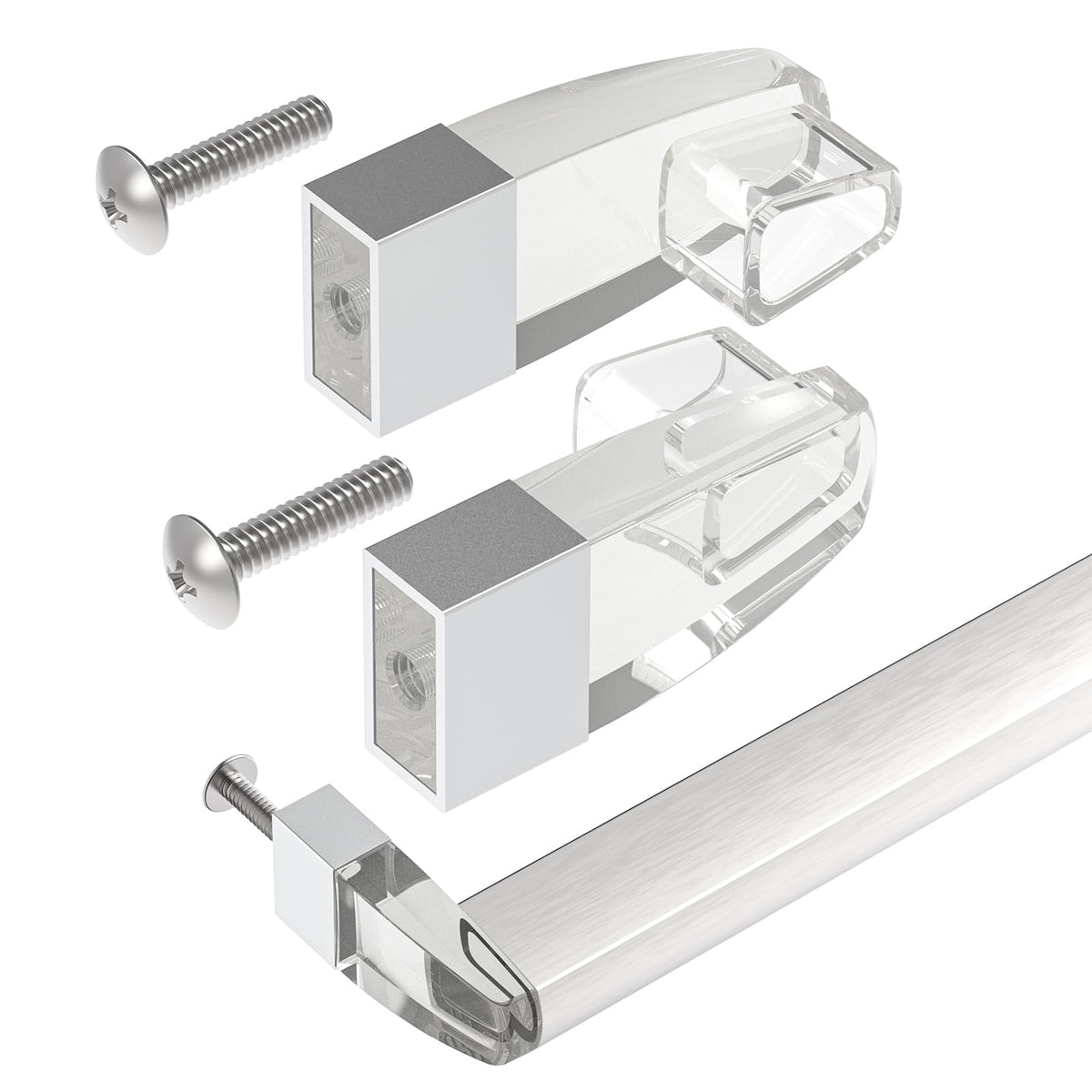 Shuisen clear acrylic bracket closeup showing sturdy fit for Alumax/Basco framed doors.