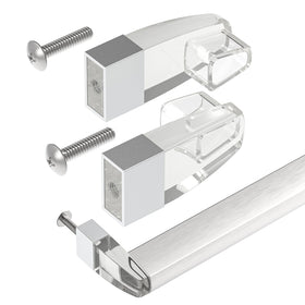 Shuisen clear acrylic bracket closeup showing sturdy fit for Alumax/Basco framed doors.