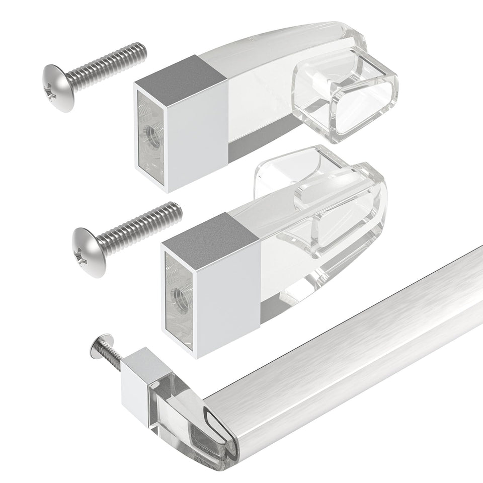 Shuisen clear acrylic bracket closeup showing sturdy fit for Alumax/Basco framed doors.