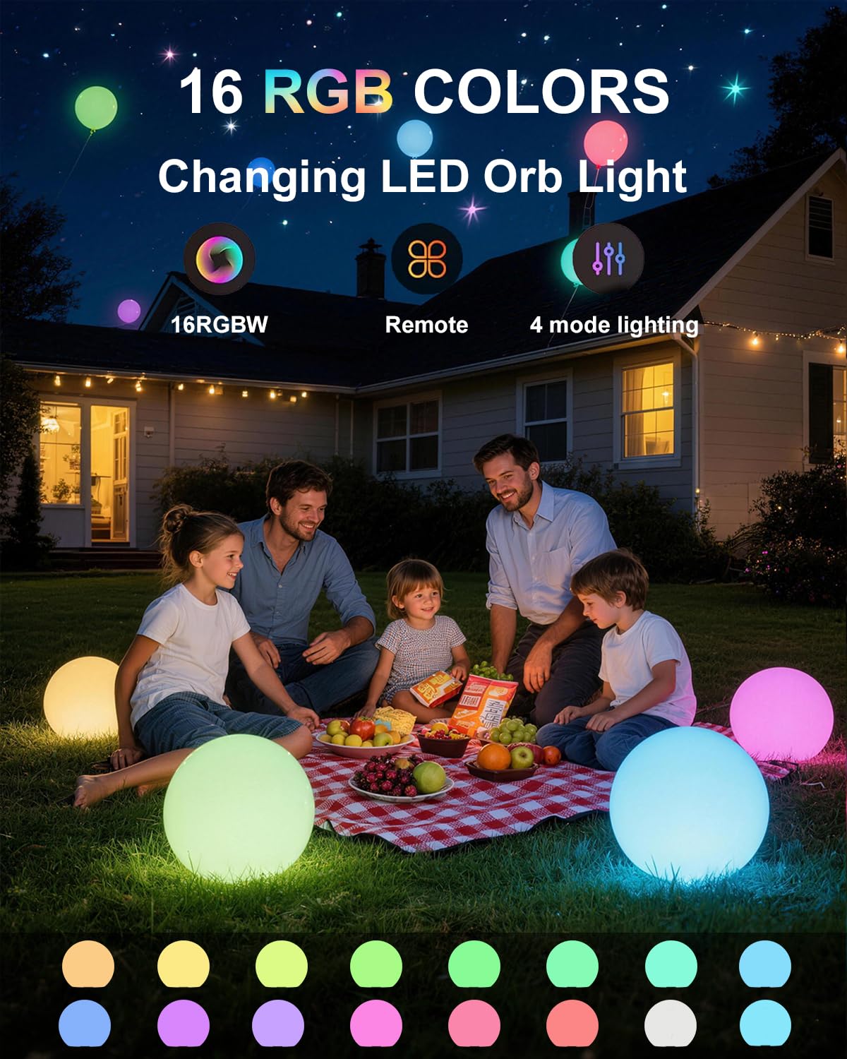 Shumi globe light at night glow showing 16 RGB color options