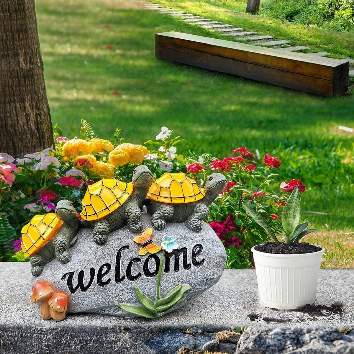 Shumi weatherproof solar turtle figurine provides durable outdoor charm with automatic night lighting.
