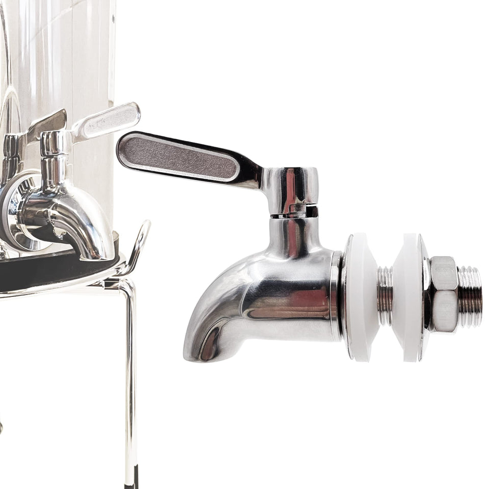 ShuRex stainless-steel spigot close-up highlighting durable construction for gravity-fed systems.