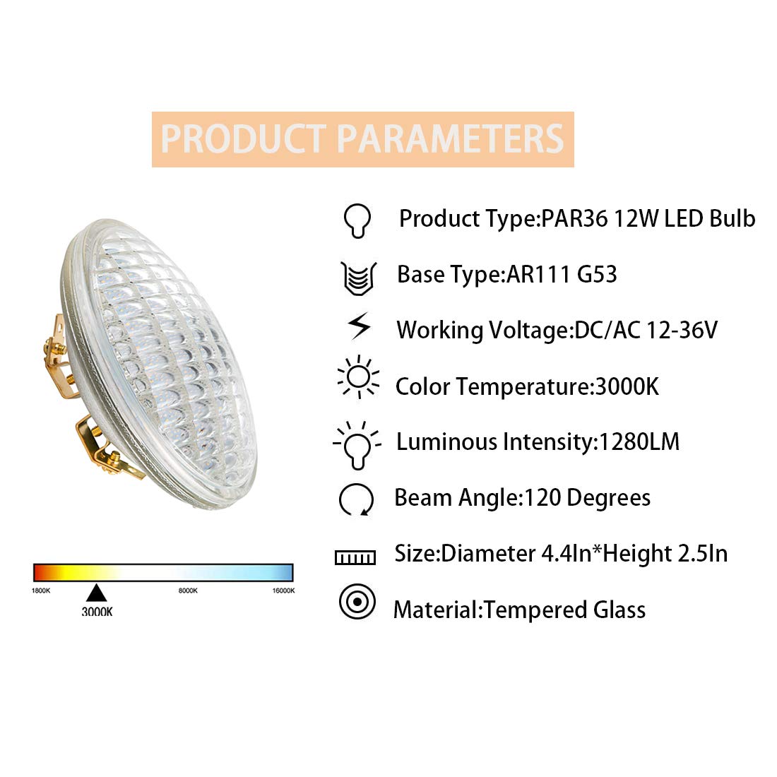 SHUWDKAR PAR36 LED 12W side view highlights low-voltage compatibility for versatile setups.