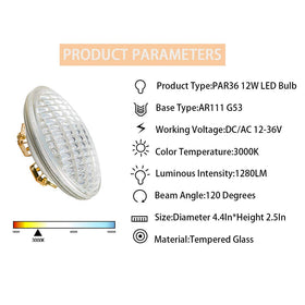 SHUWDKAR PAR36 LED 12W side view highlights low-voltage compatibility for versatile setups.