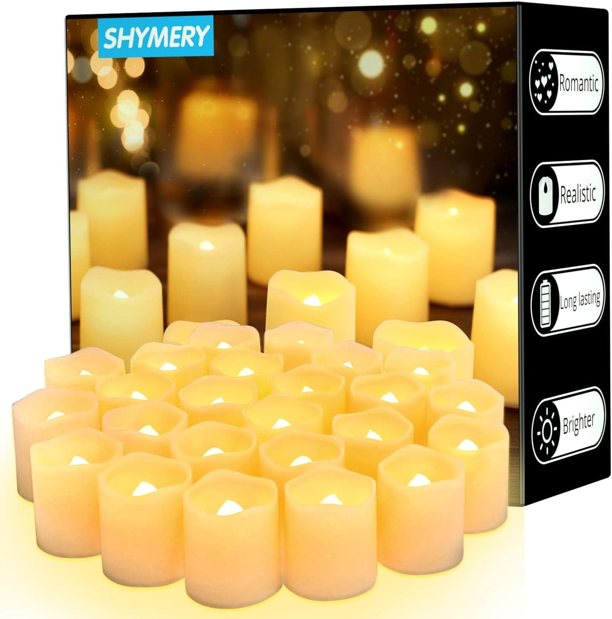 SHYMERY flameless votive candles in a 50 pack for decorative displays.