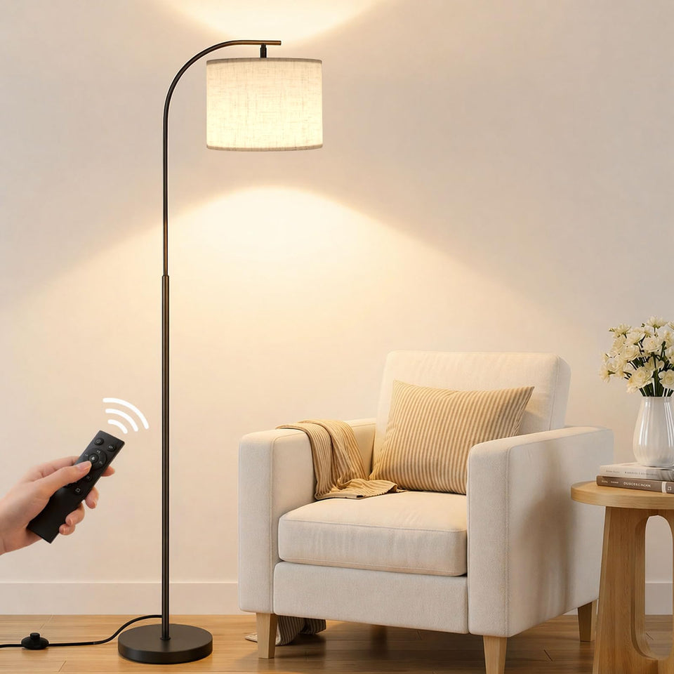 Sibrille arc floor lamp with linen shade enhances ambience in living room.