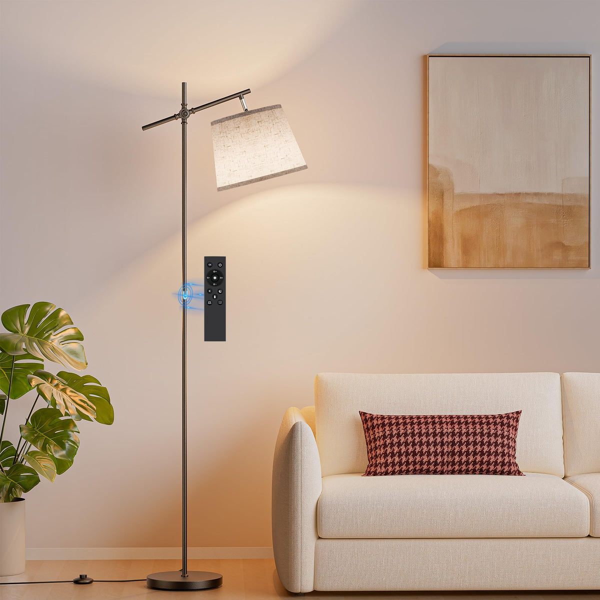 SIBRILLE floor lamp with linen shade front view delivers soft, diffused light for cozy evenings.
