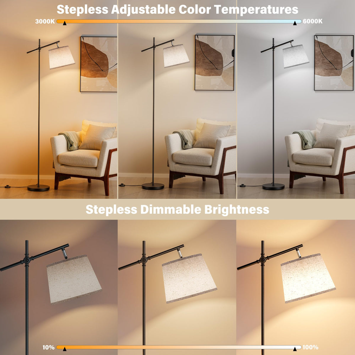 SIBRILLE floor lamp linen shade side angle provides balanced illumination for reading corners.