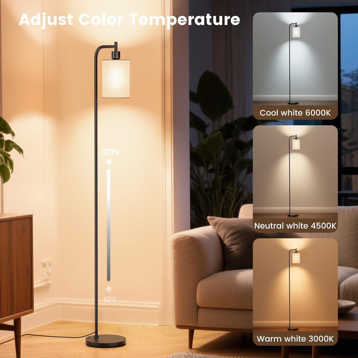 SIBRILLE floor lamp remote control within reach for quick brightness adjustments.
