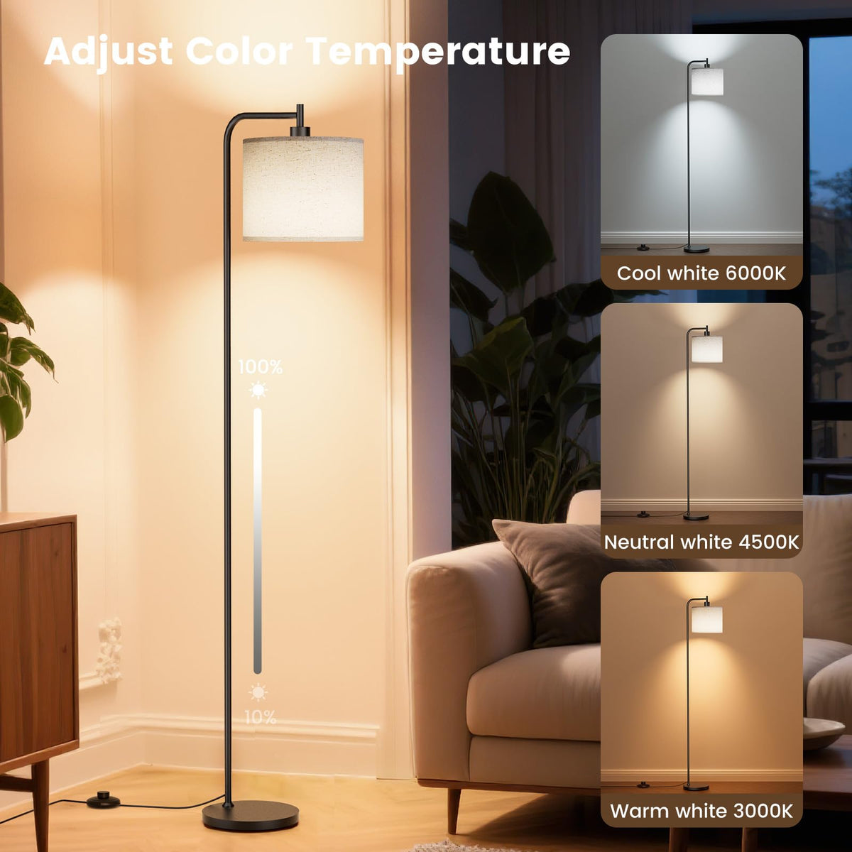 Sibrille floor lamp upgraded linen shade adds soft ambient light.