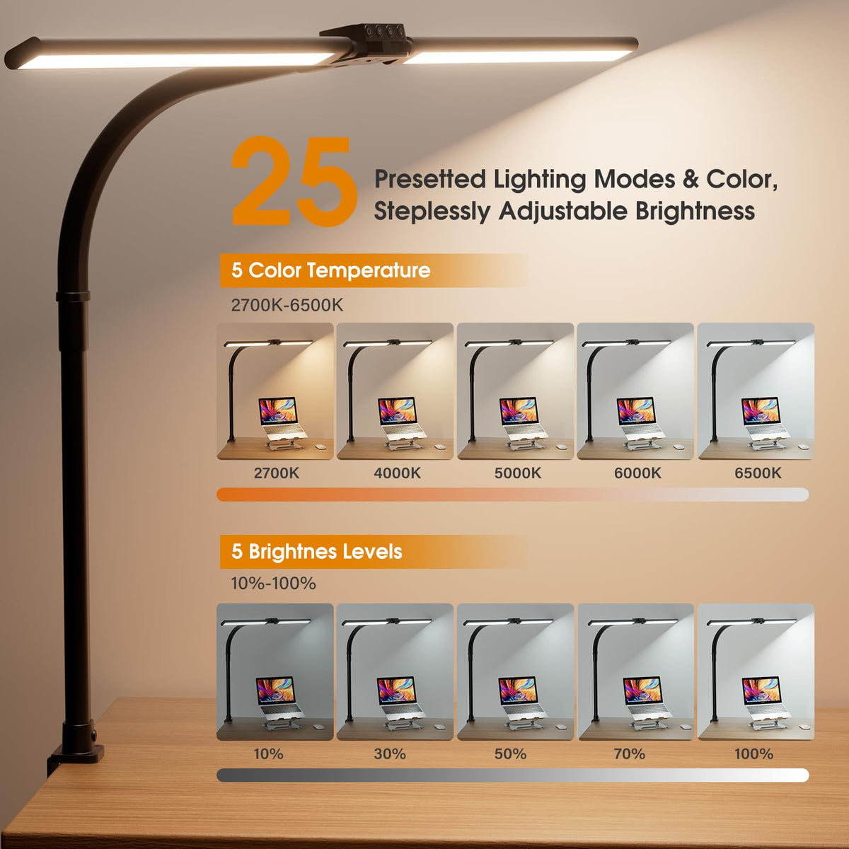 Sibrille LED desk lamp with gooseneck and two heads for broad illumination