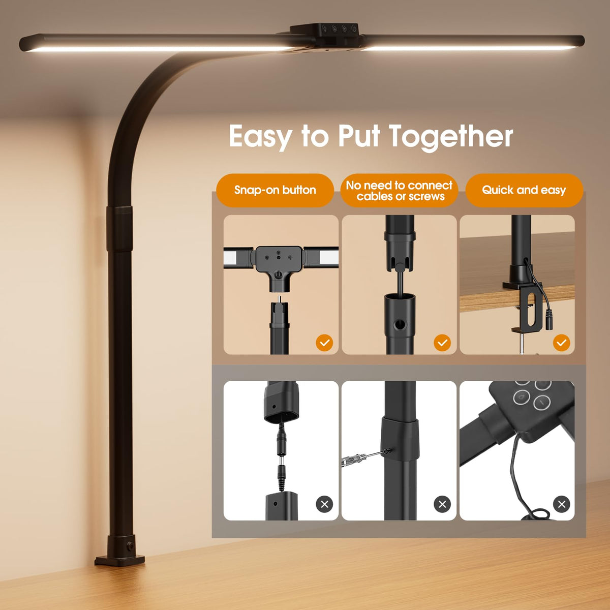 Sibrille LED desk lamp featuring stepless dimming for smooth brightness changes
