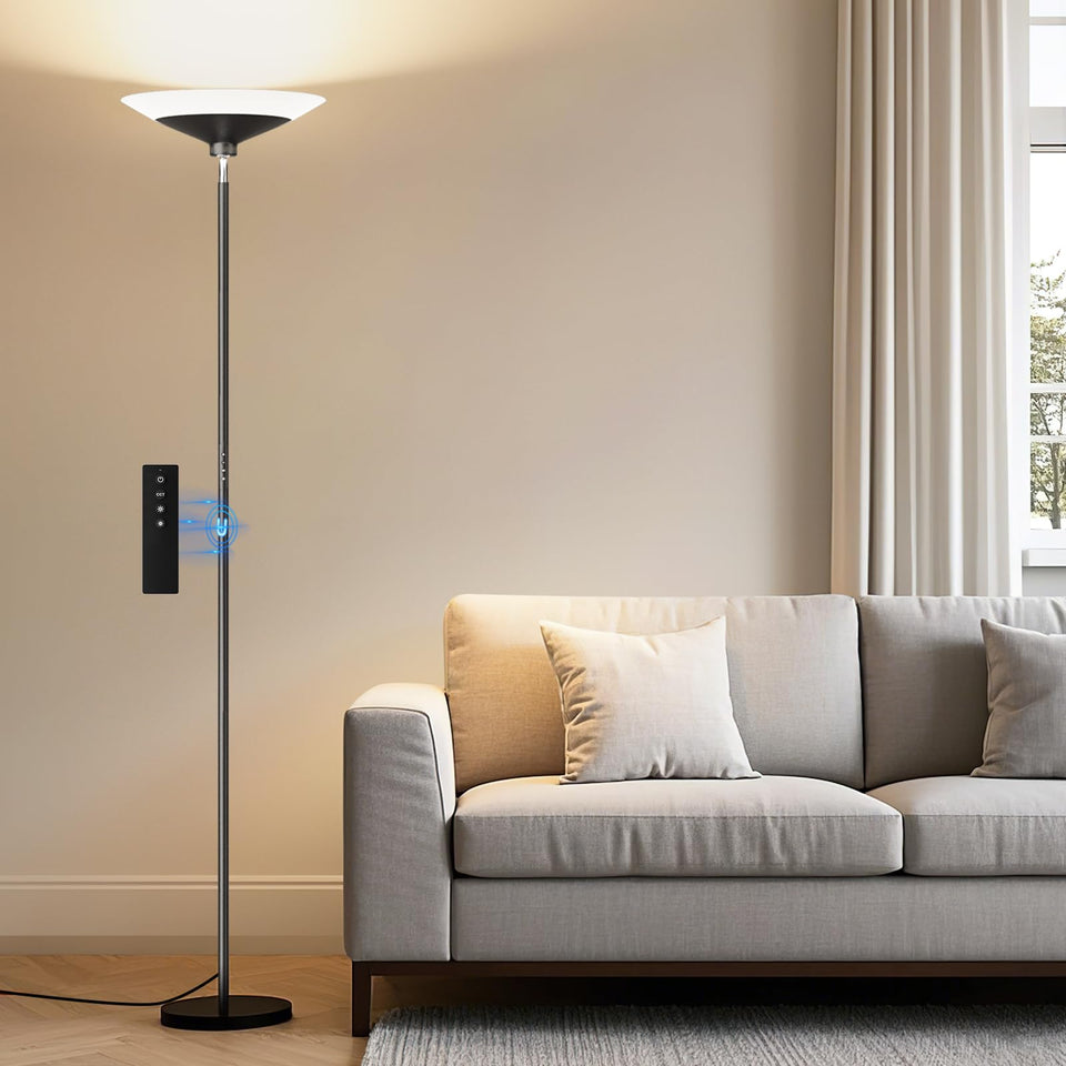 SIBRILLE torchiere base provides stable support for a tall 72-inch lamp in living rooms.