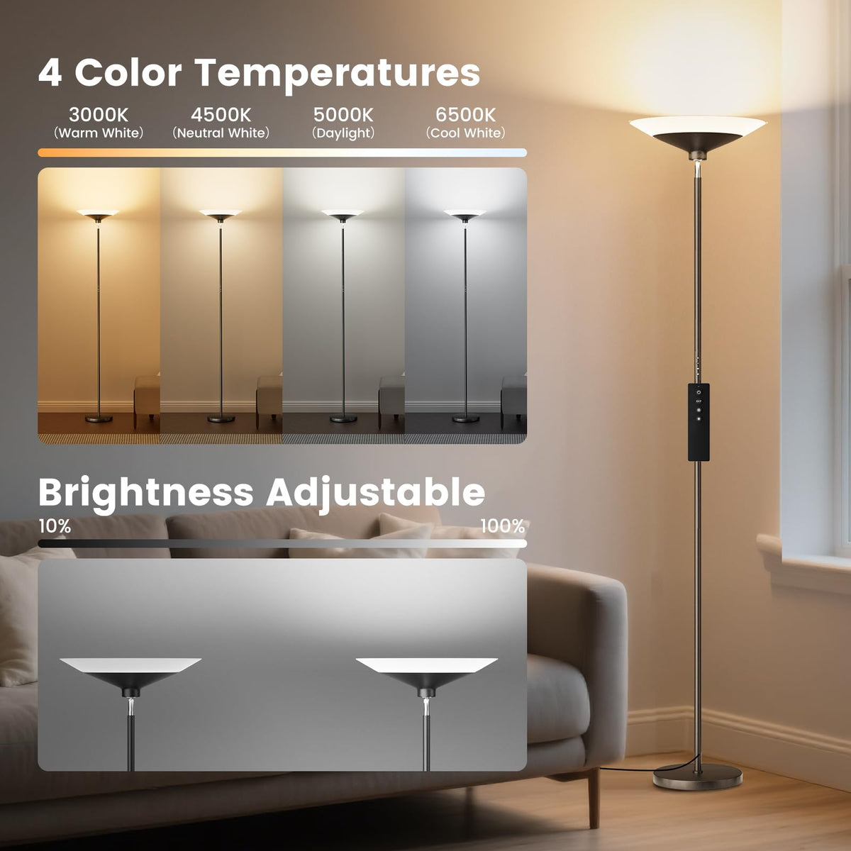 SIBRILLE torchiere head rotation enables 270-degree adjustment for uplight or downlight.