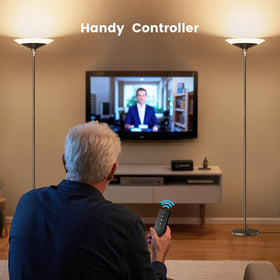 SIBRILLE torchiere remote magnet keeps control within reach.