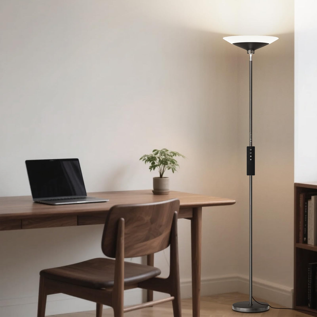 SIBRILLE torchiere tilt-adjustment for targeted lighting in desks or corners.