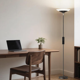 SIBRILLE torchiere tilt-adjustment for targeted lighting in desks or corners.