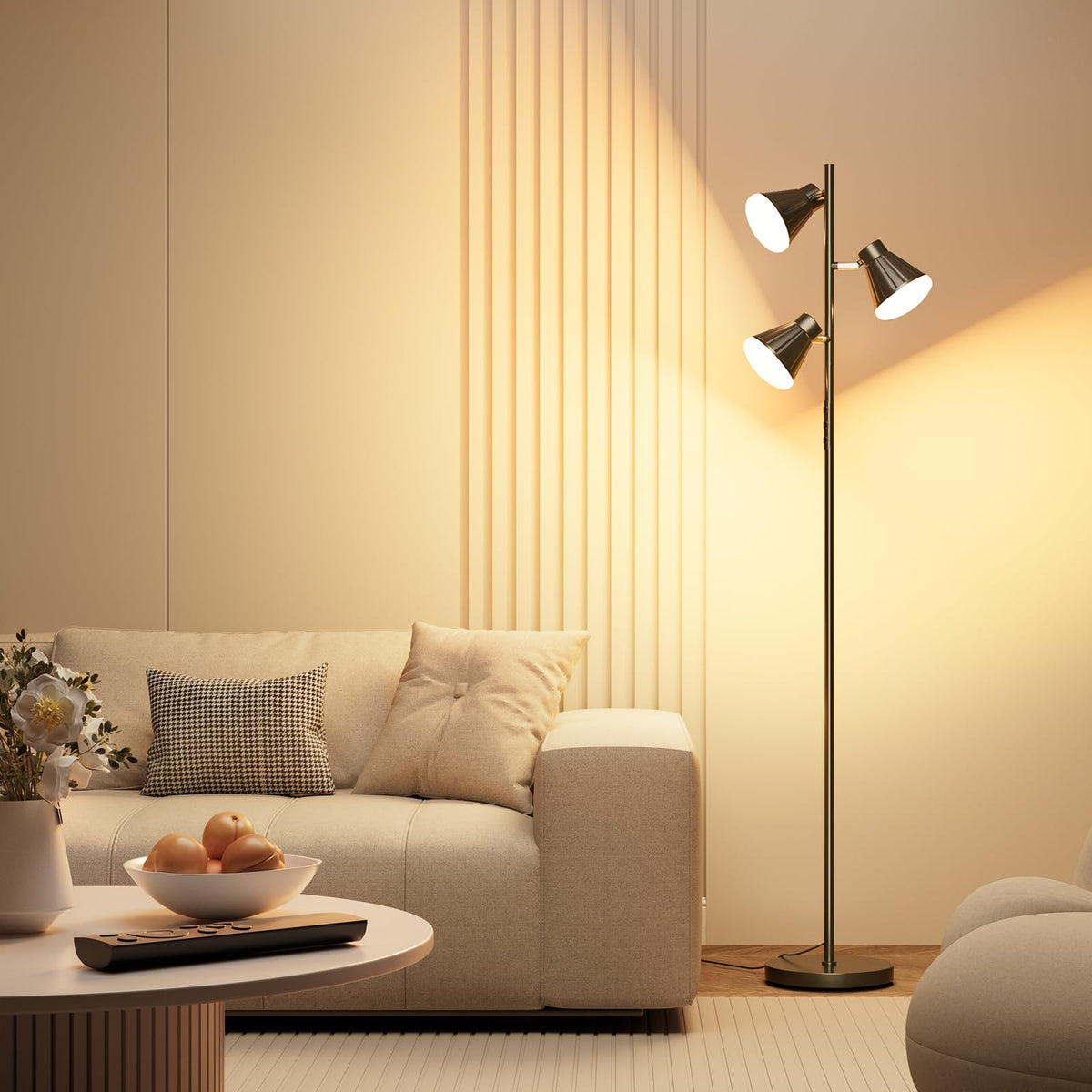SIBRILLE tree floor lamp with three adjustable light heads for flexible living room lighting