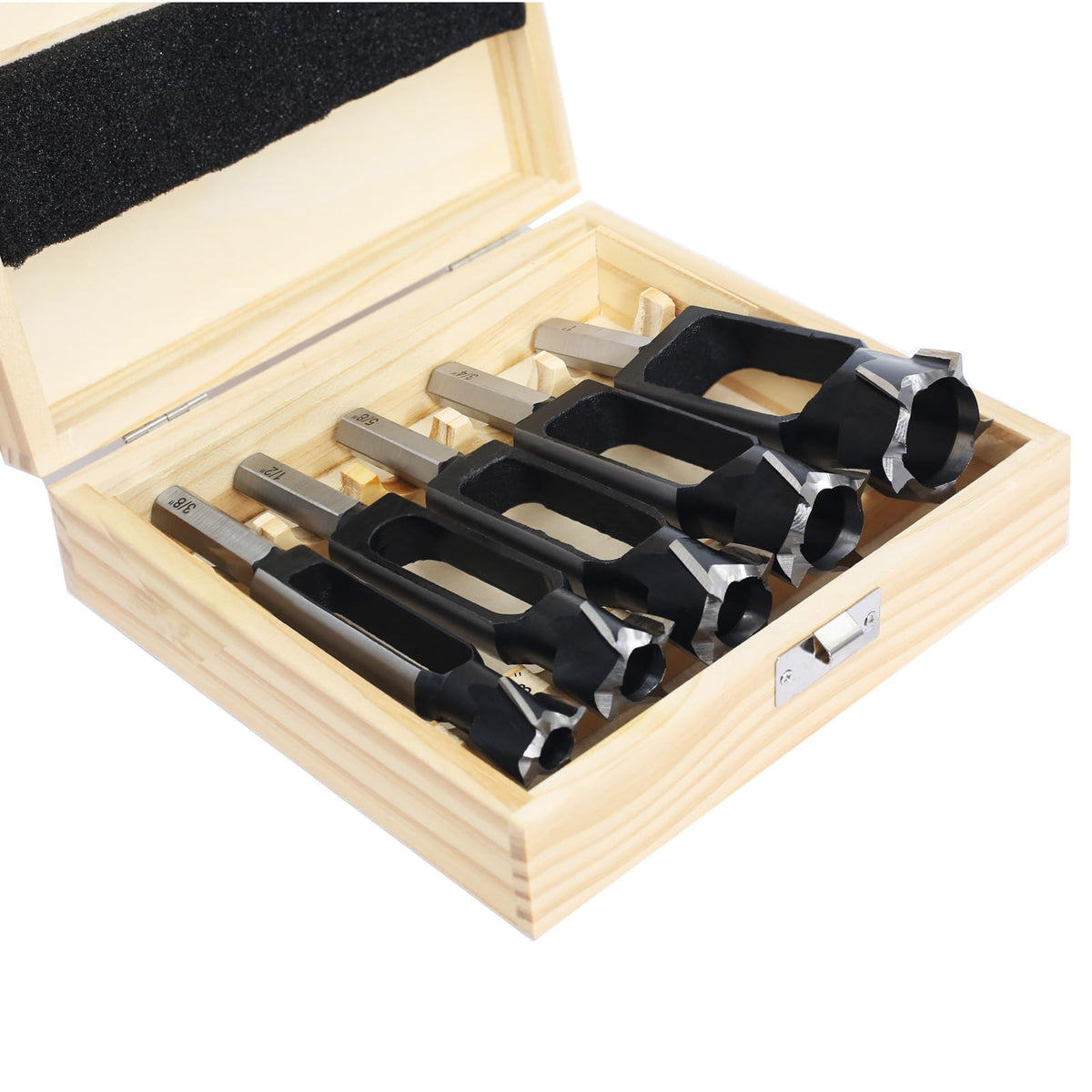 SICWOOD 5PCS Wood Plug Cutters Set in wooden box showing organized kit.