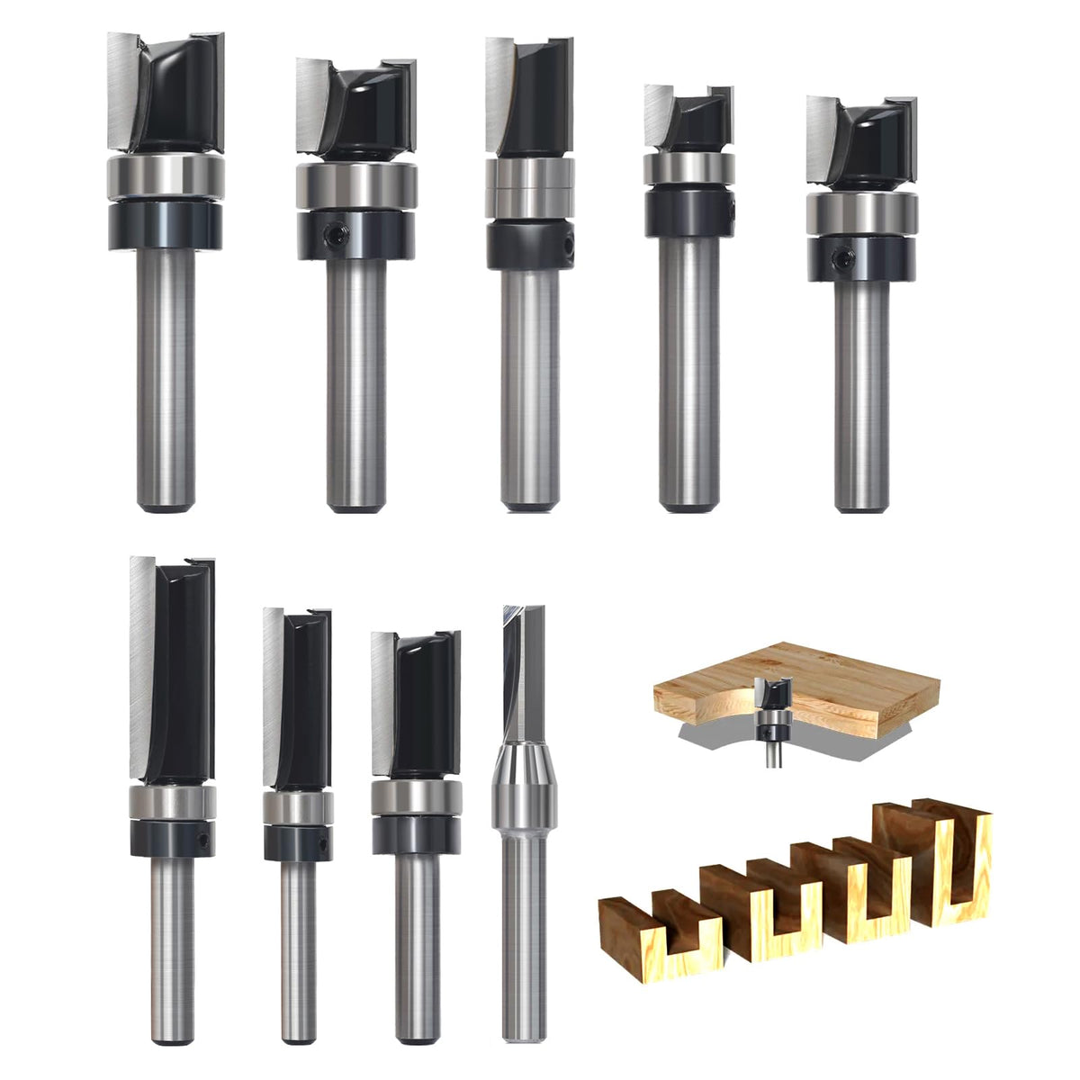SICWOOD 9-piece pattern flush trim router bit set shown for precise pattern copying and trimming.