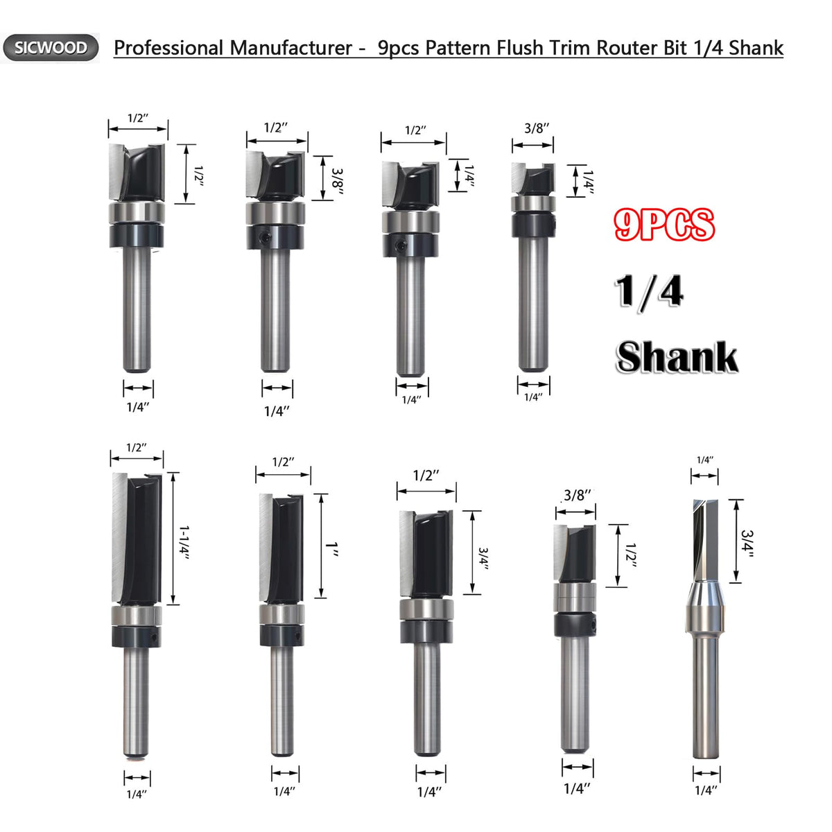 SICWOOD carbide-tipped top bearing router bit highlights template routing capability.