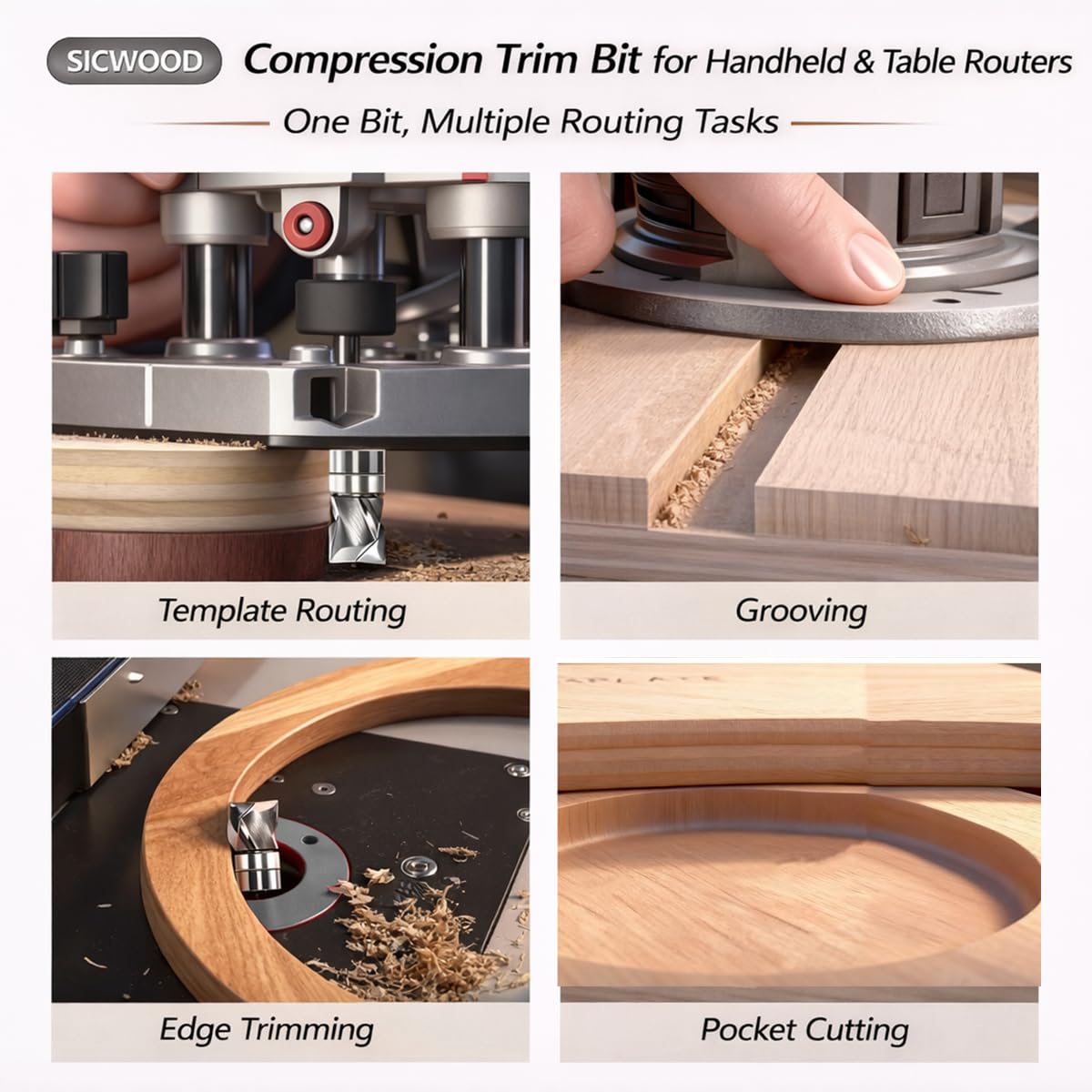 SICWOOD pattern-routing and laminate trimming demonstration with sharp, consistent results.