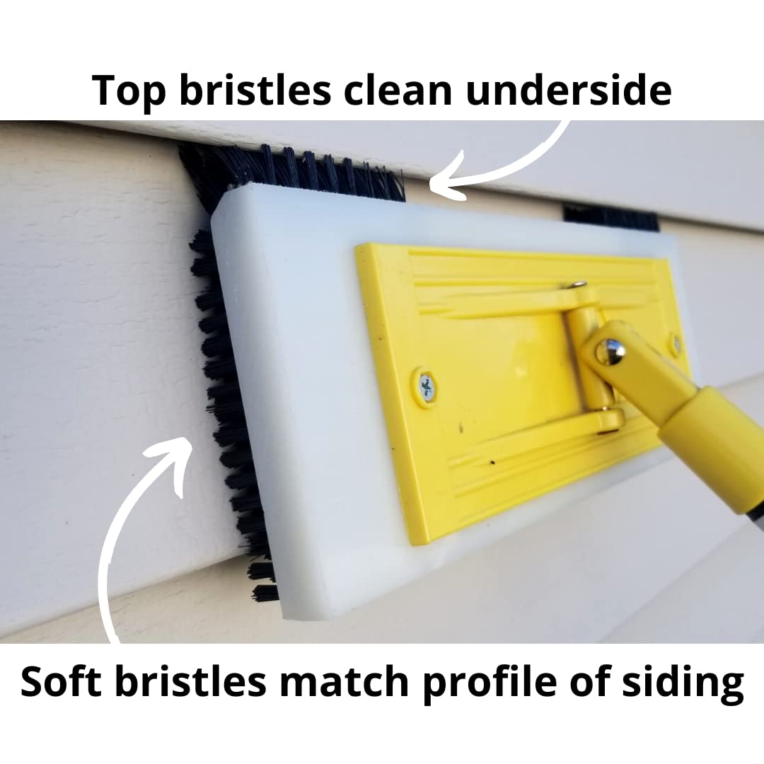 Siding Brush extension pole attachment shows easy ground-based exterior cleaning.