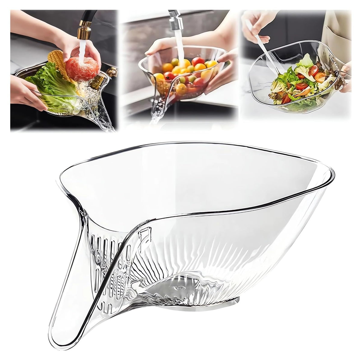 Sidmund drain basket over-sink for fast, clutter-free rinsing.