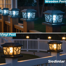 SIEDiNLAR Solar Post Cap Light installed on vinyl post for outdoor glow.