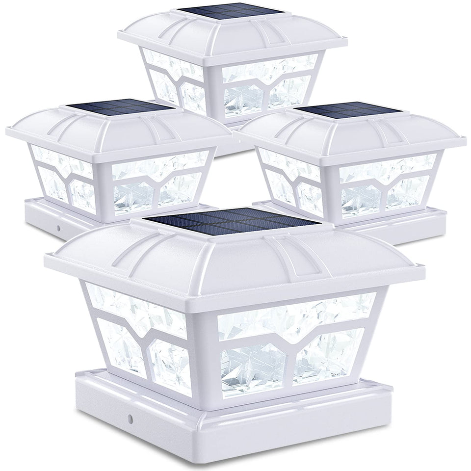 SIEDiNLAR solar post cap emits warm white light on 4x4 posts.