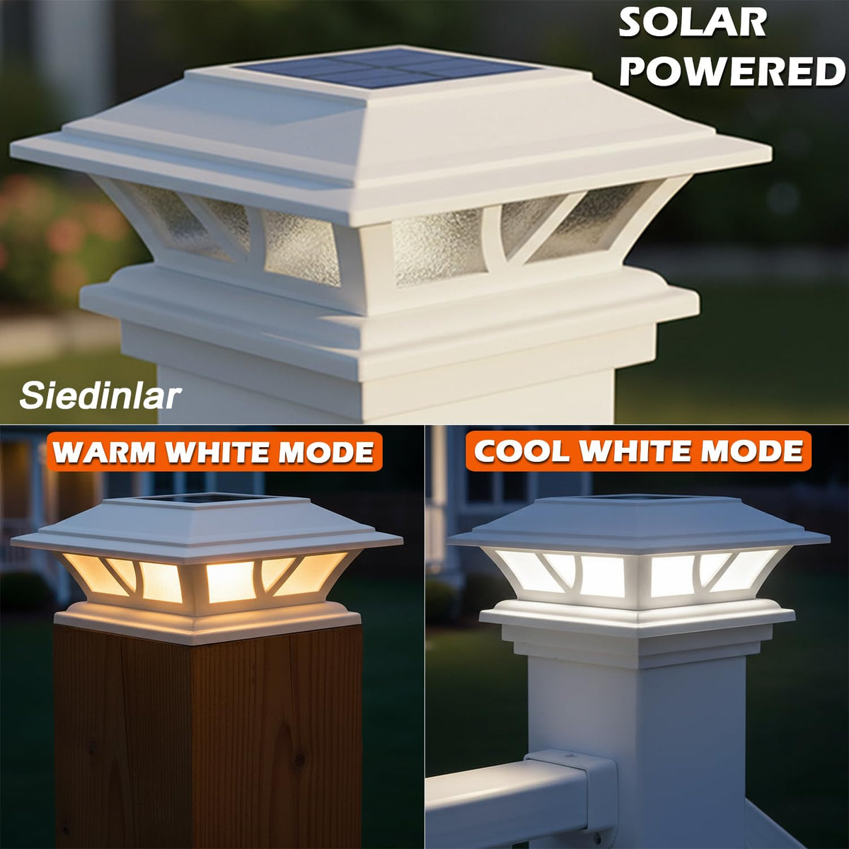 SIEDiNLAR post cap light in cool white mode brightens a fence line.