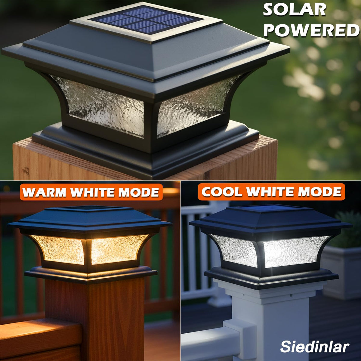 SIEDiNLAR pebbled glass solar post light adds decorative texture at night.